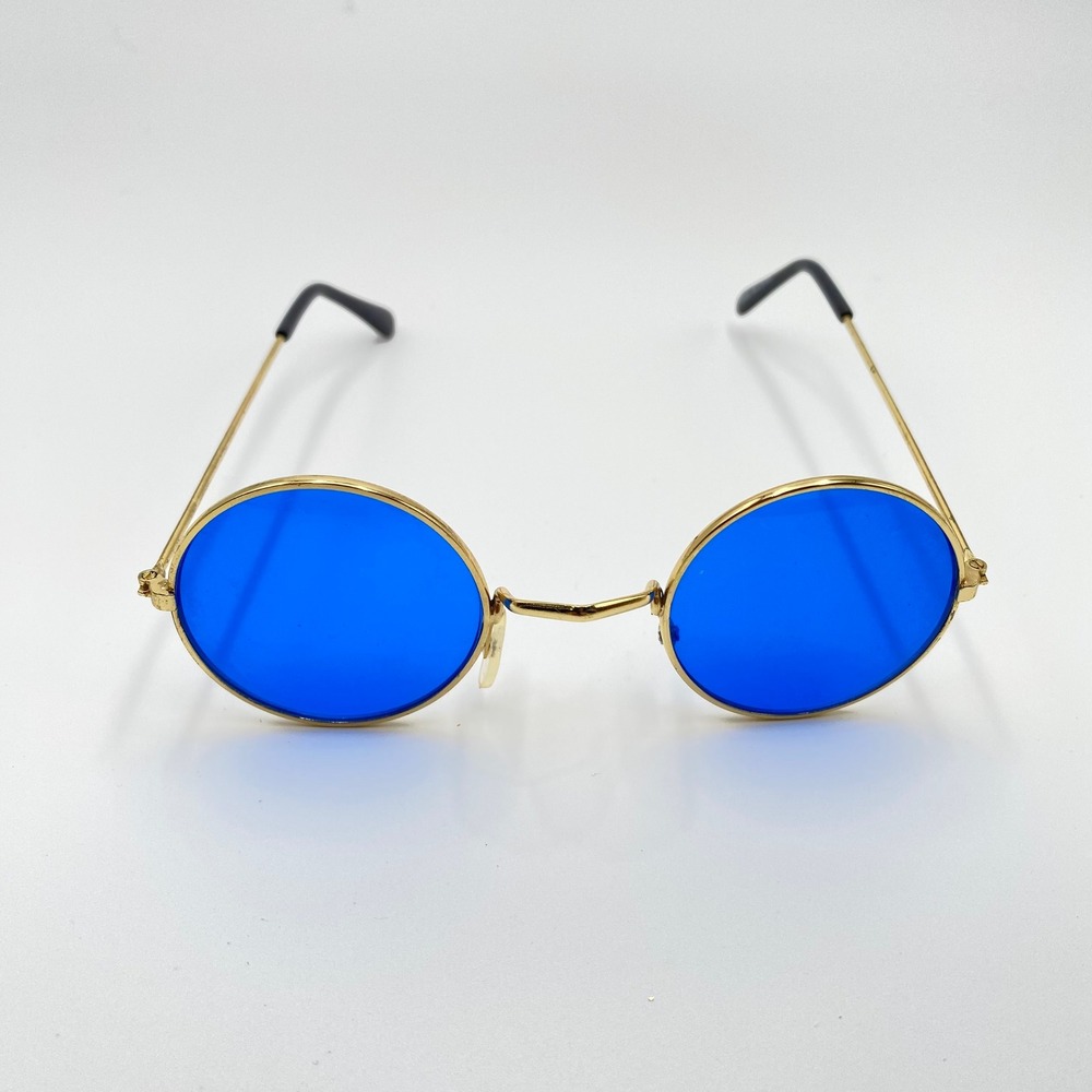 Round‎ John Lennon Style Blue Lens Glasses Gold Frame Vintage Costume Flaw
